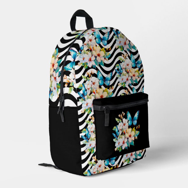 Floral Butterfly Pattern Black White Wavy Stripes Printed Backpack (Back Corner Left)