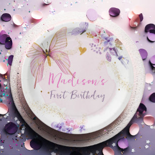 Floral Butterfly Pink Garden Girl Birthday Paper Plate