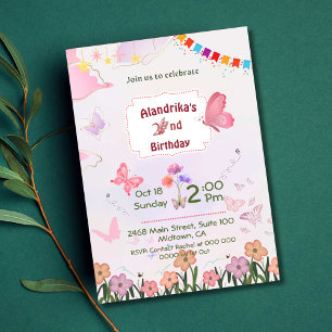 Floral butterfly pink & white 2nd modern birthday invitation