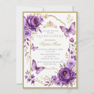 Floral Butterfly Purple Gold Tiara Quinceañera Invitation
