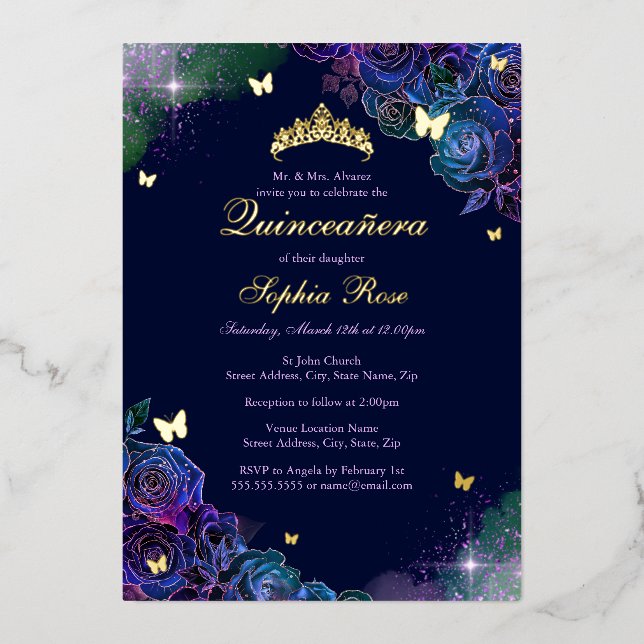 Floral Butterfly Rainbow Gold Quinceanera (Front)