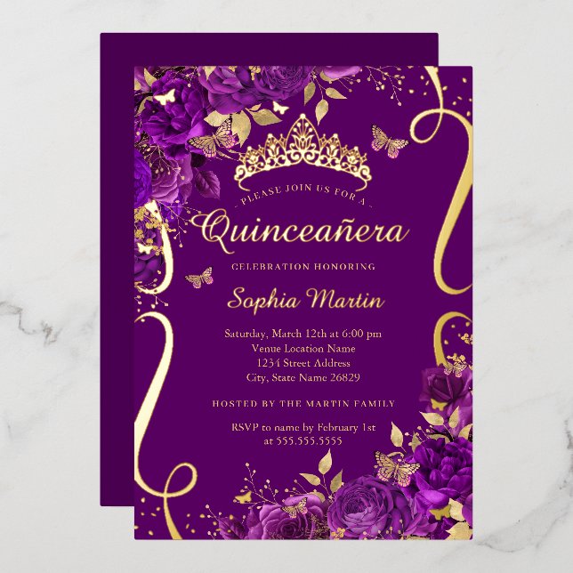 Floral Butterfly Scroll Purple Quinceanera  (Front/Back)