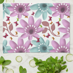 Floral Butterfly Seamless Pattern   Pink and Mint  Kitchen Towel