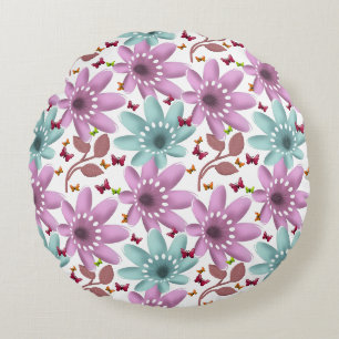 Floral Butterfly Seamless Pattern   Pink and Mint  Round Pillow
