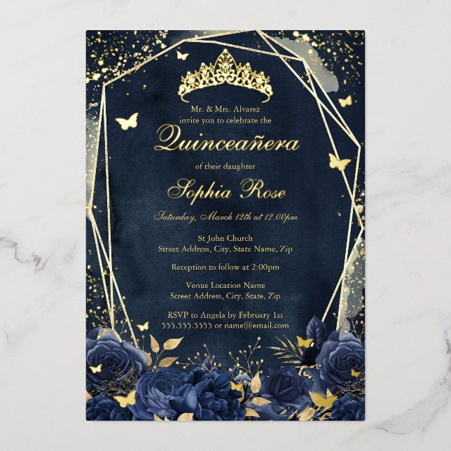 Floral Butterfly Tiara Gold Navy Quinceanera (Front)