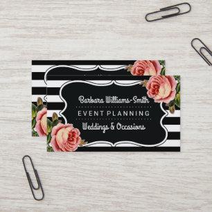 Floral BW Brackets   Stripes Event Planning Business Card