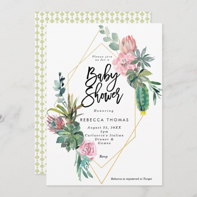 floral cactus geometric baby shower invitation (Front/Back)