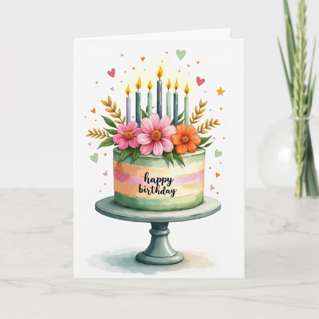 Floral Cake Birthday Card (Front)