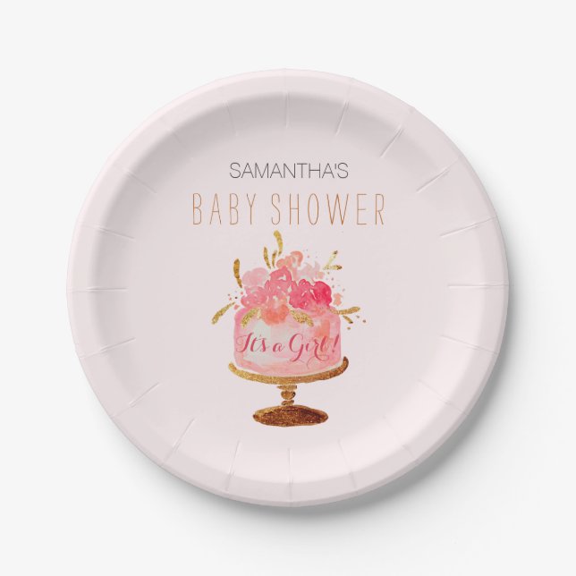 Floral Cake Its a Girl Baby Shower Paper Plate (Front)