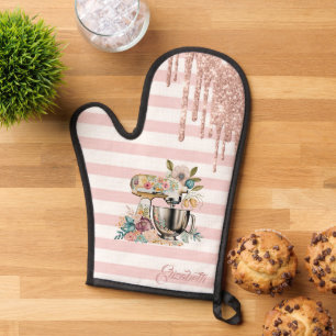 Floral Cake Mixer,Glitter Drips,Pink Stripes Oven Mitt