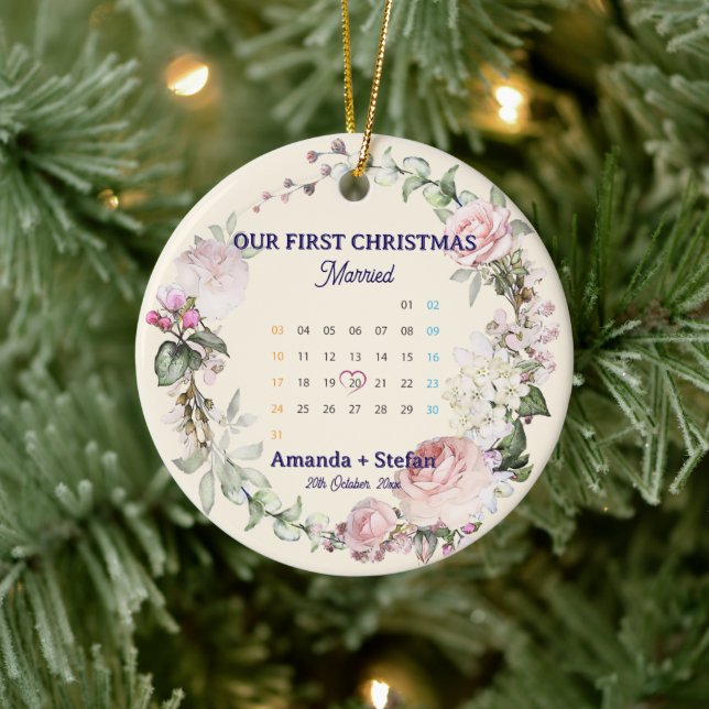 Floral Calendar Our First Christmas Married Ceramic Ornament (Tree)