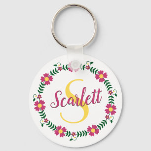 Floral Calligraphy Cursive Script Name Monogrammed Keychain