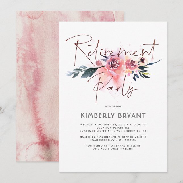 Floral Calligraphy Elegant Modern Retirement Party Invitation (Front/Back)