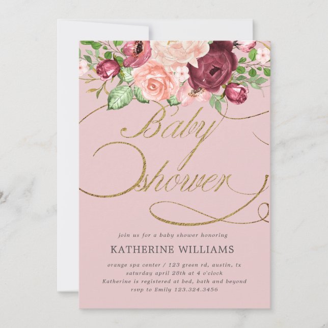 floral calligraphy gold baby shower invitation (Front)