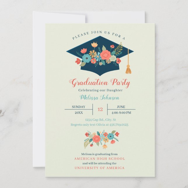 Floral Cap Graduation Party Invitation (Front)