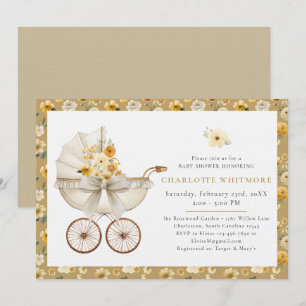 Floral Carriage Beige Baby Shower Invitation