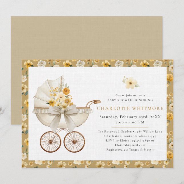 Floral Carriage Beige Baby Shower Invitation (Devant / Derrière)