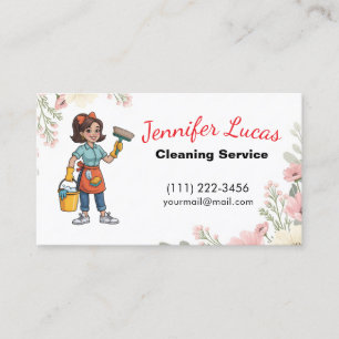  Floral Cartoon Maid House Cleaning Services  Business Card