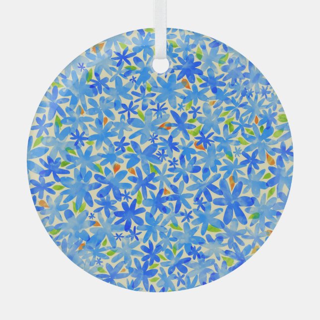 Floral Cascade: Blue Flowers Seamless Pattern Glass Ornament (Front)