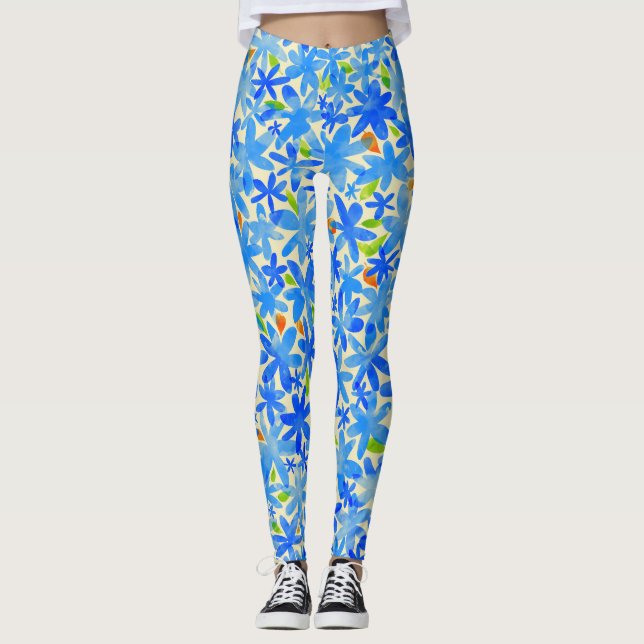 Floral Cascade: Blue Flowers Seamless Pattern Leggings (Front)