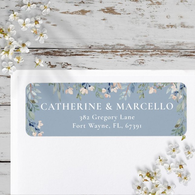 Floral Cascade Dusty Blue Mariage Adresse de retou (Floral Cascade Dusty Blue Wedding Return Address Label)