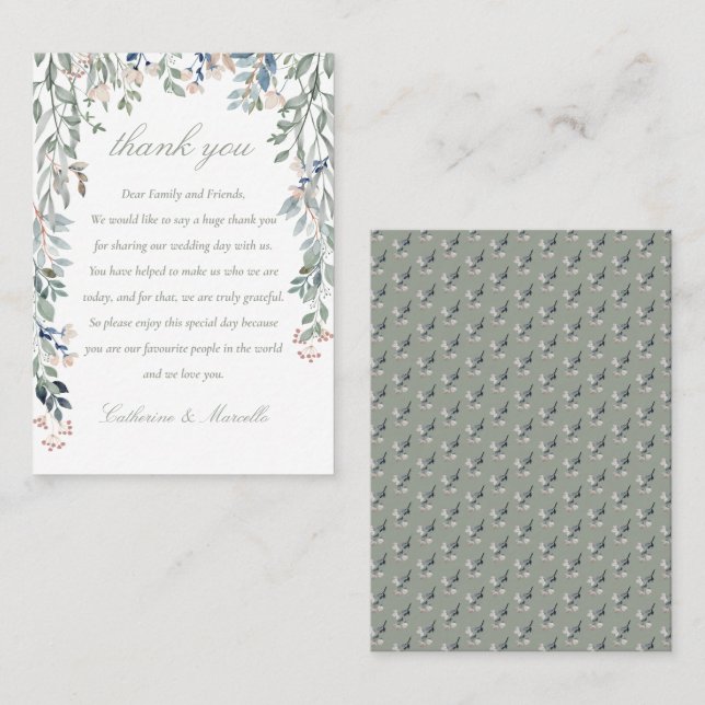 Floral Cascade Sage Green Wedding Thank You Place Card (Front/Back)