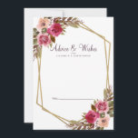 Floral Cassis Purple White Gold Wedding Wishes Advice Card<br><div class="desc">Chic Cassis Purple, elegant and formal Newlywed Wishes & Advice features romantic floral wedding watercolor displayed in leafy greenery on a crisp white background. A sparkling golden colour geometric crystal-shaped frame provides a trendy touch. Traditional, classic wording provides timeless sophistication. Personalize wedding design with your details in elegant purple cassis...</div>