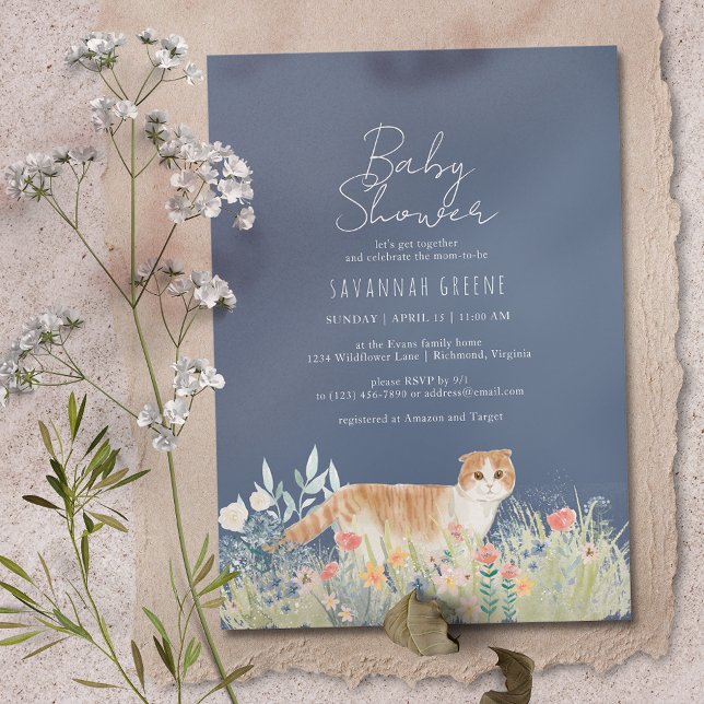 Floral Cat | Dark Navy Blue | Neutral Baby Shower Invitation (Creator Uploaded)
