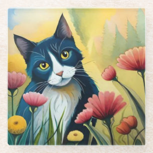 FLoral cat Glass Coaster