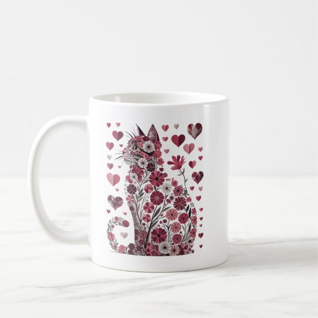 Floral Cat Heart Romantic Aesthetic Love Art Coffee Mug (Left)