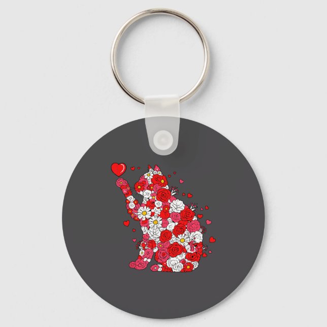 Floral Cat Heart Valentines Day Meow Kitty Kitten  Keychain (Front)