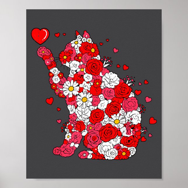 Floral Cat Heart Valentines Day Meow Kitty Kitten  Poster (Front)
