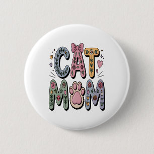 Floral Cat Mom with Paw Print 2 Inch Round Button