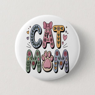 Floral Cat Mom with Paw Print 2 Inch Round Button