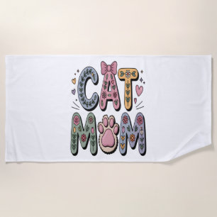 Floral Cat Mom with Paw Print Beach Towel