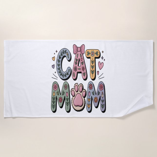 Floral Cat Mom with Paw Print Beach Towel (Front)