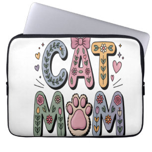Floral Cat Mom with Paw Print Laptop Sleeve