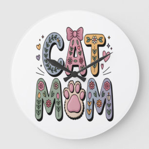 Floral Cat Mom with Paw Print Large Clock
