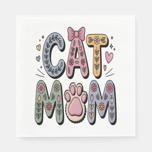 Floral Cat Mom with Paw Print Napkin (Front)