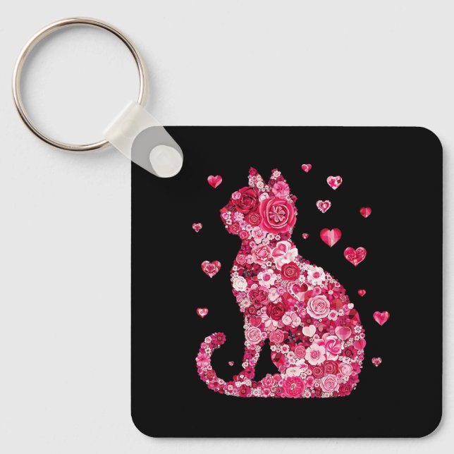 Floral Cat Silhouette Art Keychain (Front)
