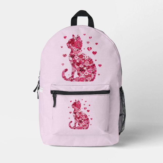 Floral Cat Silhouette Art Printed Backpack (Front)