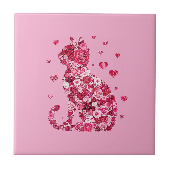 Floral Cat Silhouette ArtFaux Wrapped Canvas Print Tile (Front)