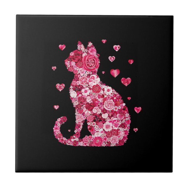 Floral Cat Silhouette ArtFaux Wrapped Canvas Print Tile (Front)