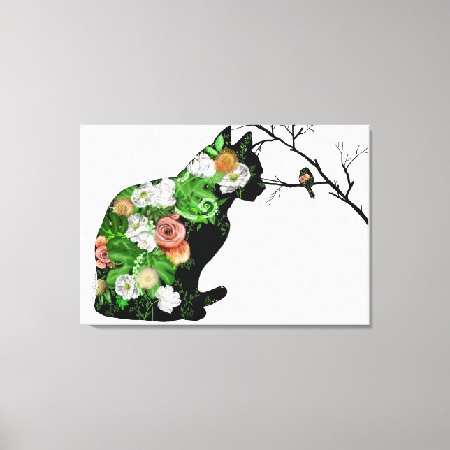 Floral Cat Silhouette Canvas Print (Front)