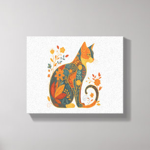 Floral Cat Silhouette – Colourful Vintage Botanica Canvas Print