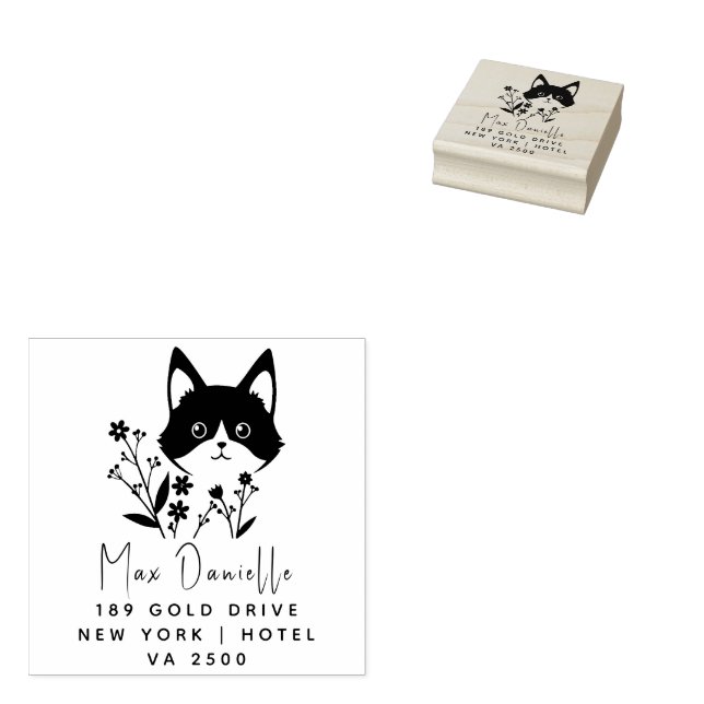 Floral CAT Style Return Address Wooden Rubber  Stamp (Stamped)