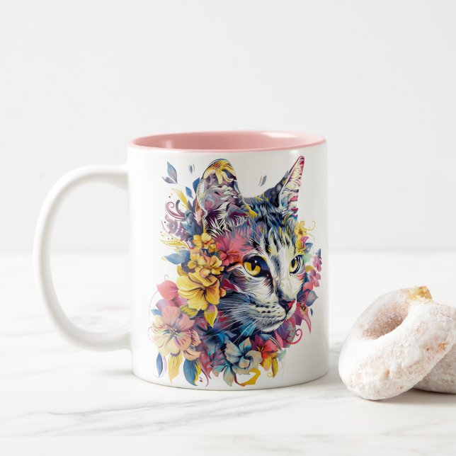 Floral Cat   Two-Tone Coffee Mug (With Donut)