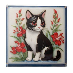 Floral Cats - Black and White Cat & Red Flowers Tile