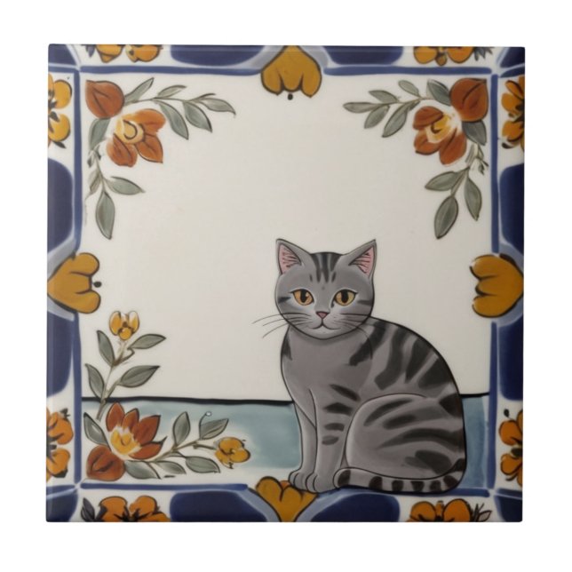 Floral Cats - Grey Tabby Cat & Orange Red Flowers Tile (Front)