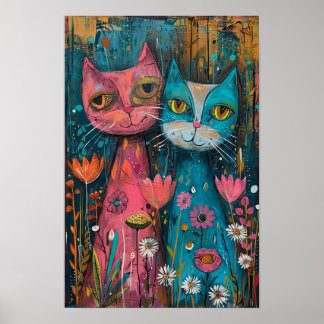 Floral Cats in Daisy Field: Vibrant Art Piece Poster